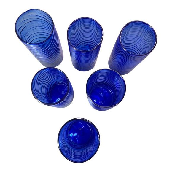 6 handblown spanish cobalt blue glass swirl tumbler set Vintage Art Barware - Picture 2 of 7